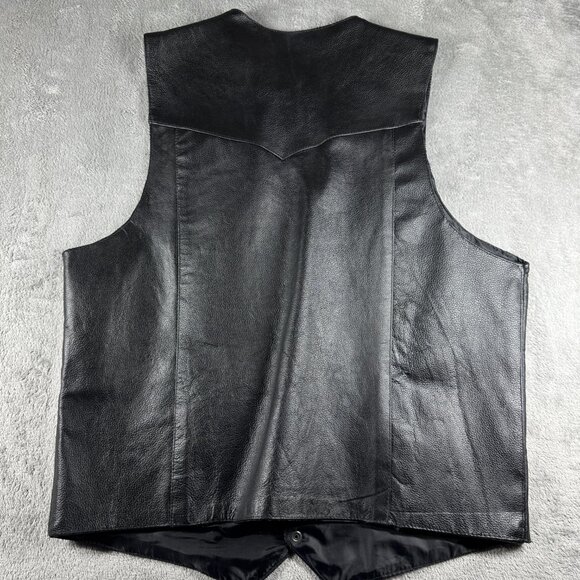 Black Genuine Leather Vest Men’s 46 Western Biker Snap Front Pockets - Picture 3 of 6